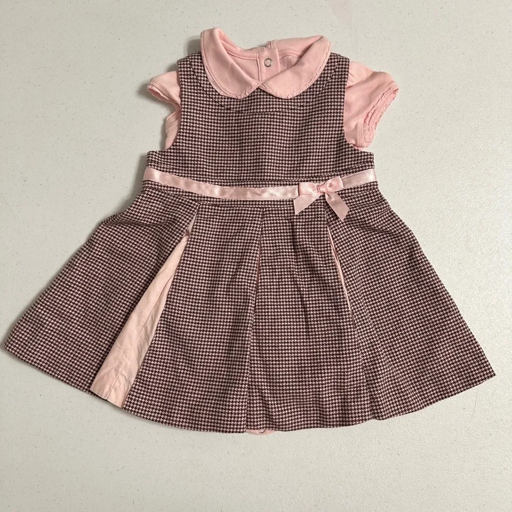 Gymboree Pleated Houndstooth Jumper‎ Dress & Bodysuit Set Pink Brown VTG 12-18M